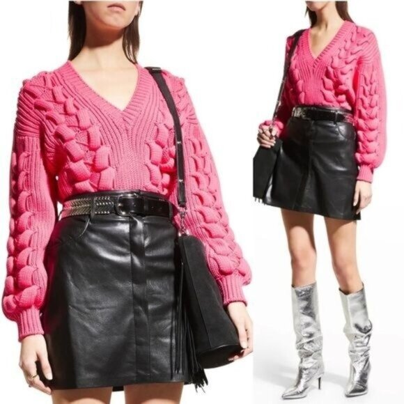 NEW IRO Arwy Chunky Cable Oversized V-Neck Sweater S 3D Knit Bubblegum Pink - Picture 1 of 13